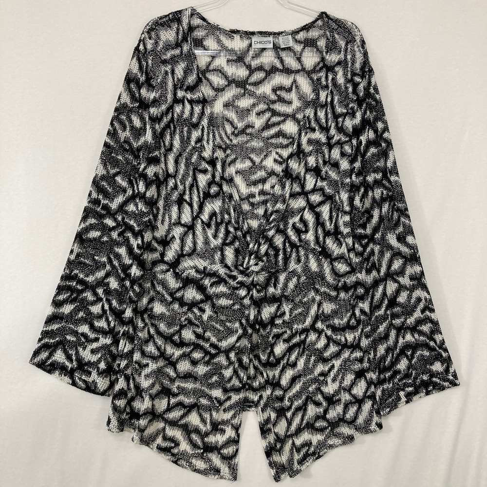 Chico's Open Knit Cardigan Size 3/XL Black White Knot Front Arty Boho Vacation
